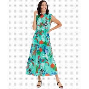 Mud Pie Flutter Sleeve Maxi Dress Tiered Bottom Tropical Boho Size Large NWT